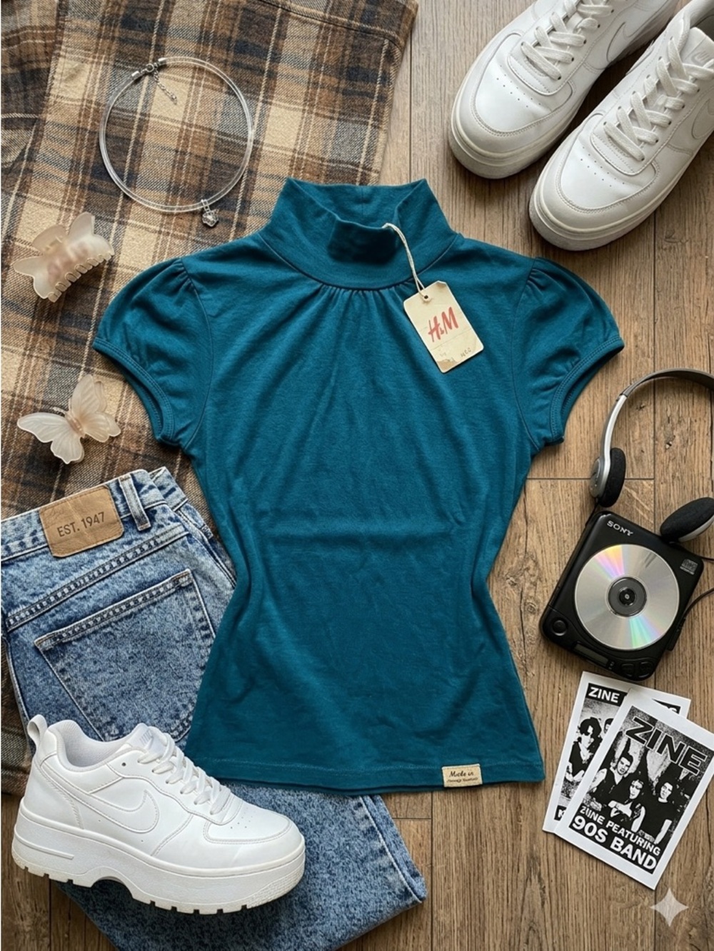 VINTAGE 90s H&M Teal Mock Neck Top – Puffed Cap Sleeve – XS